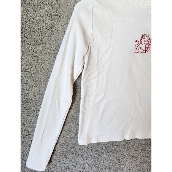 John Galt Womens Long Sleeve Baby Tee Shirt Top White Embroidered Red Devil Sz M - Picture 4 of 9